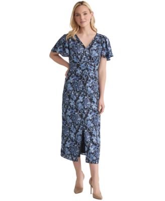Jones New York - Women's Printed Shirred Flutter-Sleeve Midi Dress