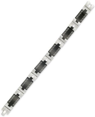 LEGACY for MEN by Simone I. Smith - Greek Key Patter Link Bracelet in Stainless Steel & Black Ion-Plate