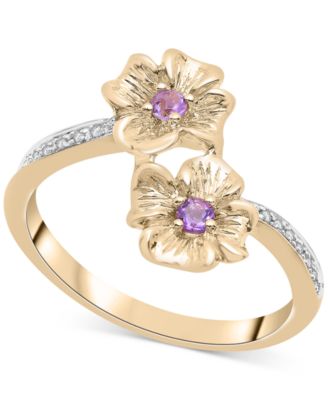 Macy's - Amethyst (1/10 ct. t.w.) & Diamond Accent Flower Bypass Ring in 14k Gold-Plated Sterling Silver