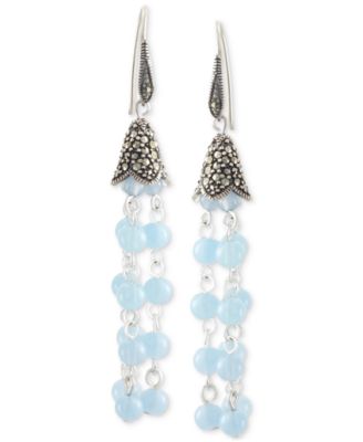 Macy's - Blue Agate (3-1/2 ct. t.w.) & Marcasite (5/8 ct. t.w.) Bead Drop Earrings in Sterling Silver