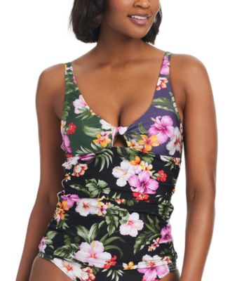 Bar III - Women's Printed Twist-Front Shirred Tankini Top