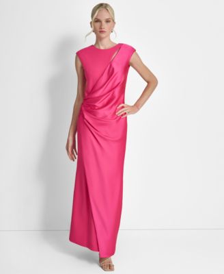 DKNY - Women's Side-Ruched Cut-Out Cap-Sleeve Gown