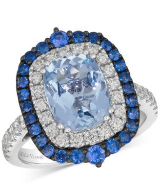 Le Vian - Sea Blue Aquamarine (2-1/2 ct. t.w.), Sapphire (5/8 ct. t.w.), Vanilla Diamond (5/8 ct. t.w.) & Chocolate Diamond Accent Double Halo Ring in Platinum