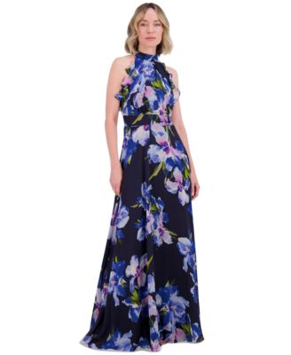 Eliza J - Floral Chiffon Ruffled Halter Maxi Dress