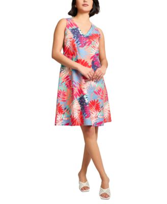 Jones New York - Women's Printed V-Neck Sleeveless Trapeze Dress