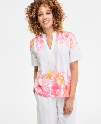 JM Collection - Women's Trapunto Split-Neck Top